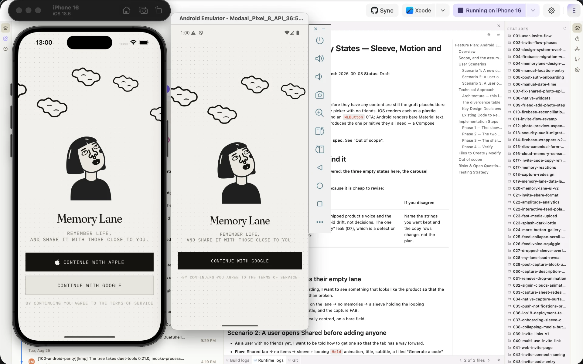 The same feature running side by side — native iPhone simulator and Android emulator inside Modaal