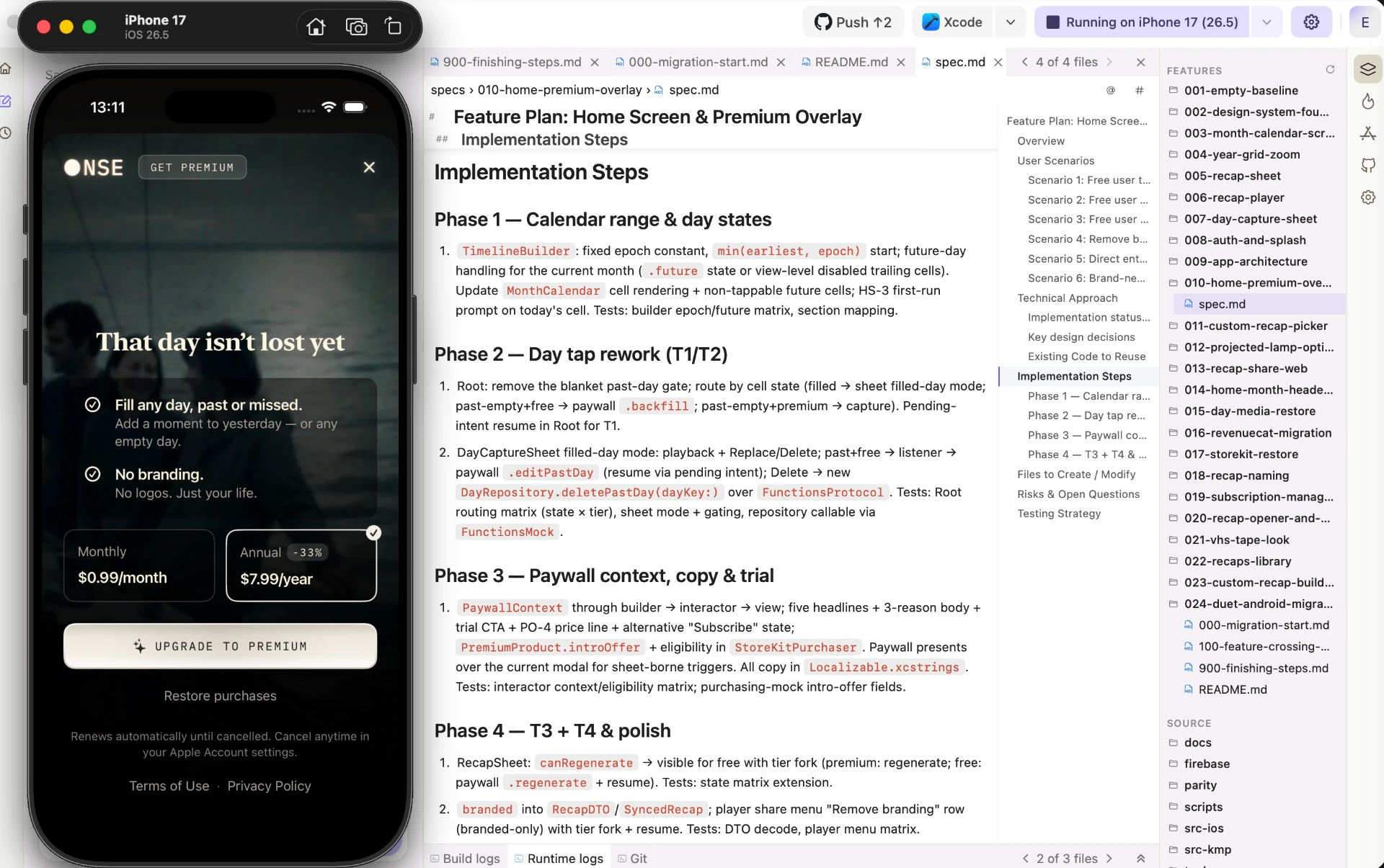 Modaal workspace showing a feature plan with implementation steps being reviewed alongside the running iOS app